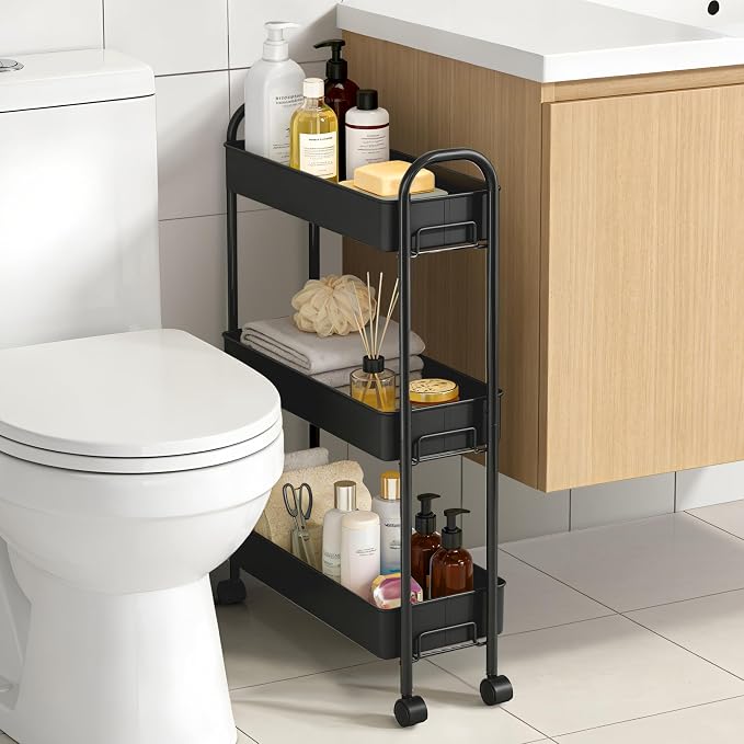 Slim Rolling Cart, Metal Frame Utility Rolling 3-Tier Narrow Storage Cart | - Image 4