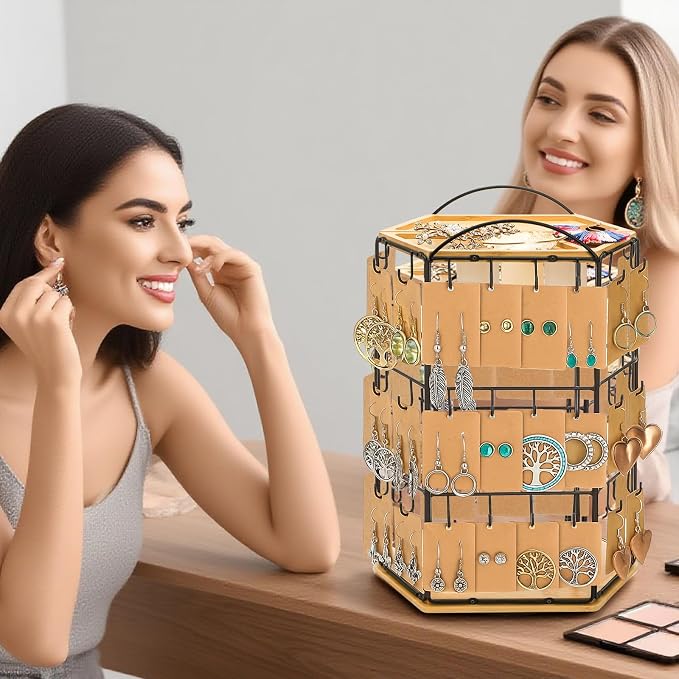 Rotating Earring Display Stand for Vendors, 48 Hooks Hexagon Bamboo Jewelry - Image 8