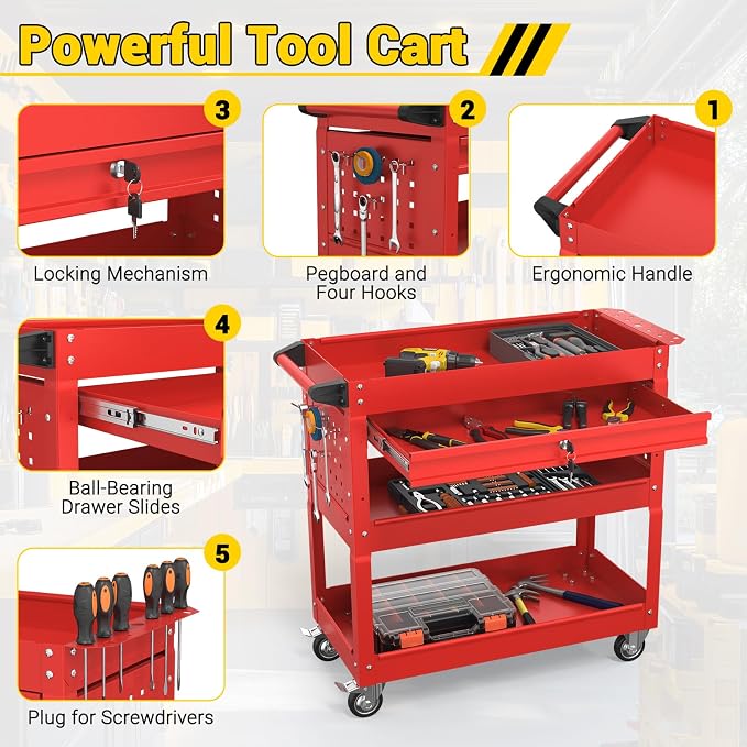 3 Tier Rolling Tool Cart on Wheels, 550 LBS Tool Cart - Image 4