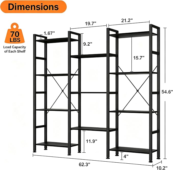 HealSmart Triple Column 4 Tier Bookshelf, Industrial Bookcase - Image 2