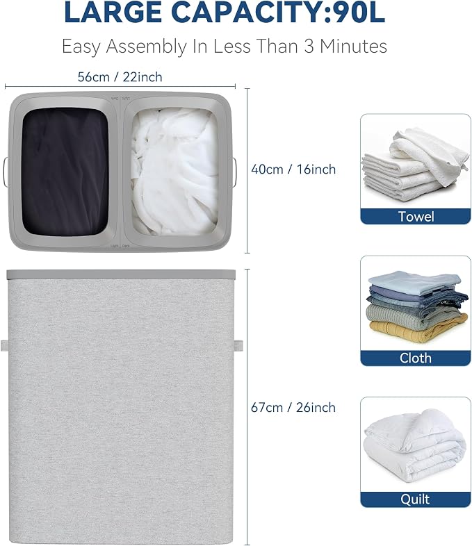 Dual Section 90 liter/23.8 gallon Laundry Hamper Separation Basket - Image 2