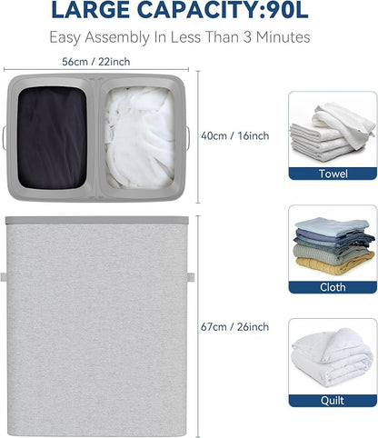 Dual Section 90 liter/23.8 gallon Laundry Hamper Separation Basket - Image 2