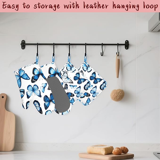Blue Butterfly Heat-Resistant Silicone Oven Mitts and Pot Holder 4 Piece Set - Image 5