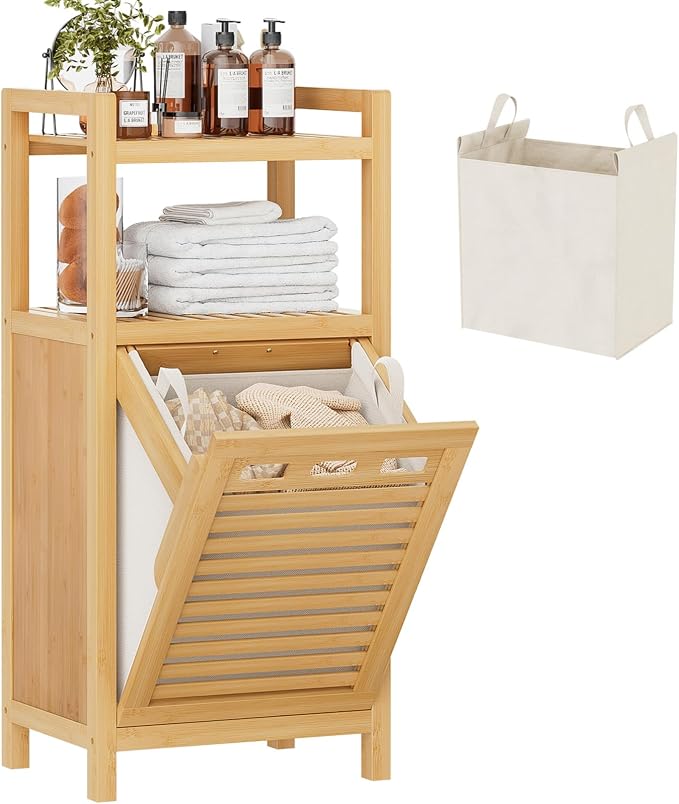 Homykic Tilt Out Laundry Hamper, 10 Gal Bamboo Laundry Storage Cabinet by Homykic