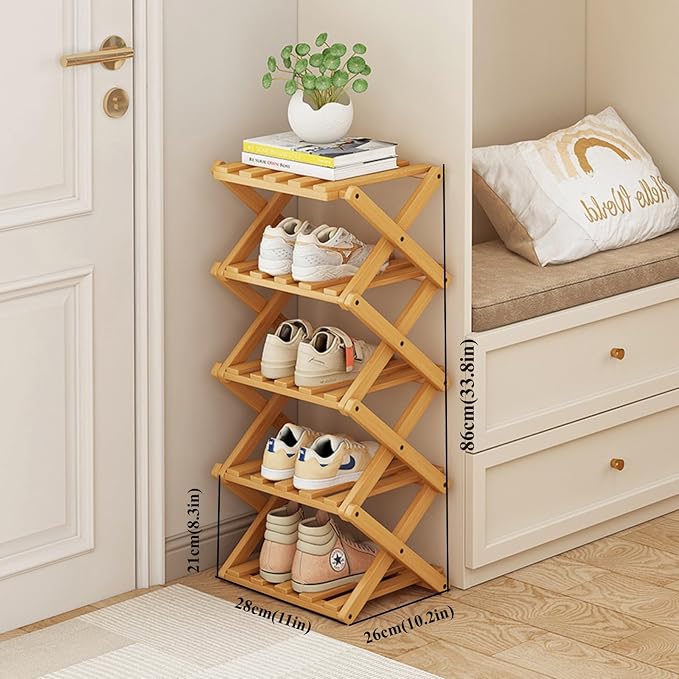 5 Tier Foldable Shoe Rack, Bamboo Vertical Shoe Organizer Tall - Image 2