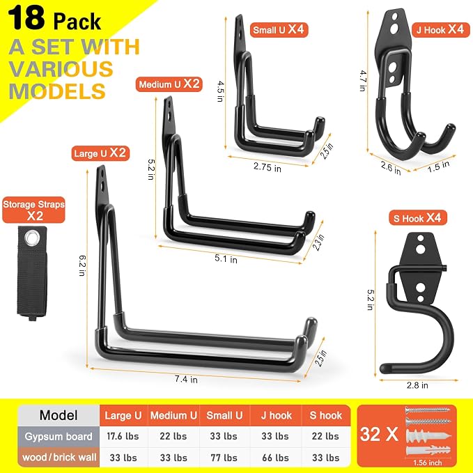 18 Pack Heavy Duty Garage Hooks, Utility Wall Mounted Storage System, - Image 3