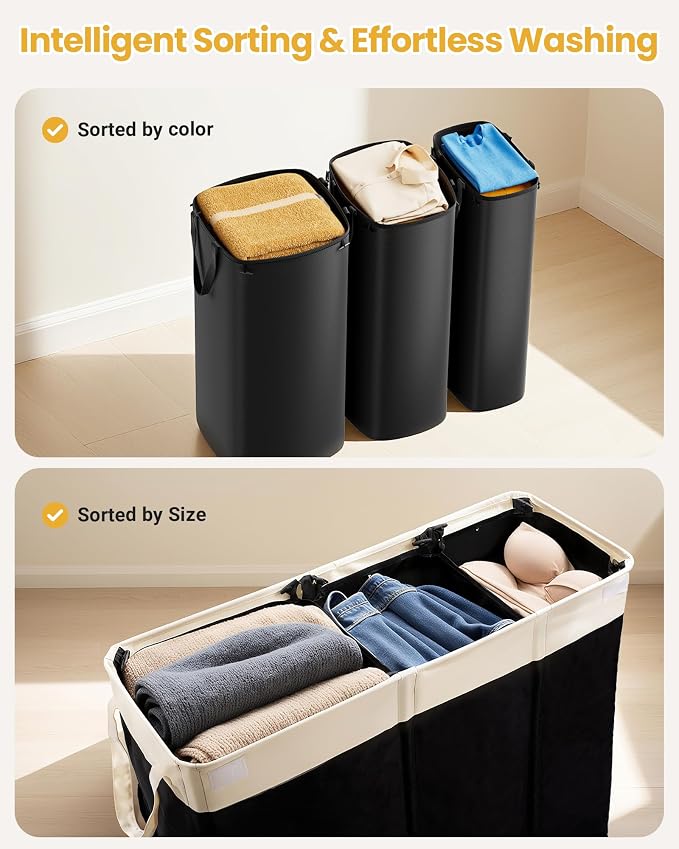 190L Laundry Hamper with Lid, Large Laundry Basket with Lid and 3 Section - Image 6