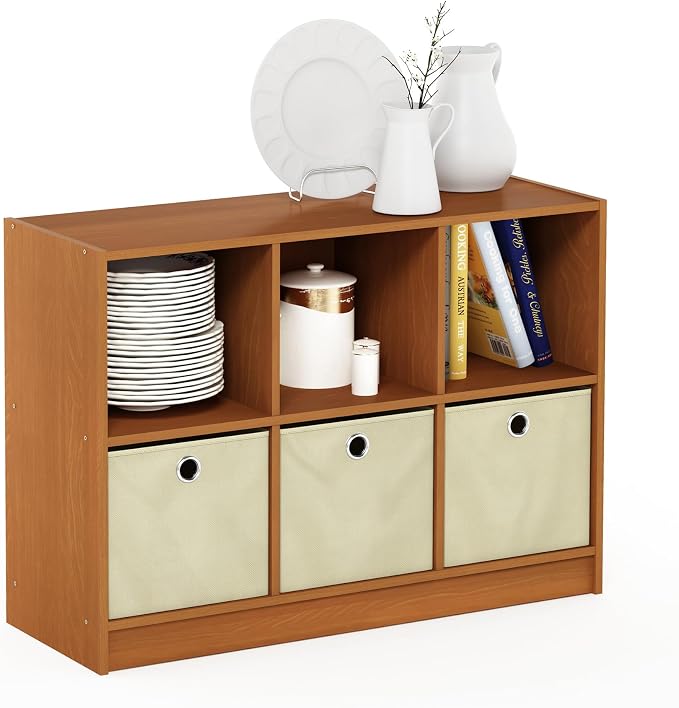 Furinno Basic 3x2 Bookcase Storage w/Bins, Light Cherry/Ivory by Furinno-FitsYourSpaceFitsYourBudget