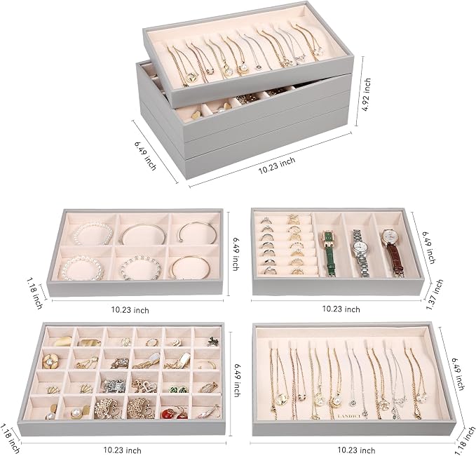 LANDICI Stackable Jewelry Organizer Trays 4 Set, PU Leather Jewelry Organizer - Image 4