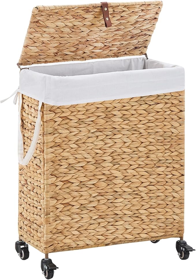 Rolling Laundry Hamper with Lid and Wheels, Slim Laundry Basket with Removable by LGENHOOMHandwovenNaturalWaterHyacinthBasket