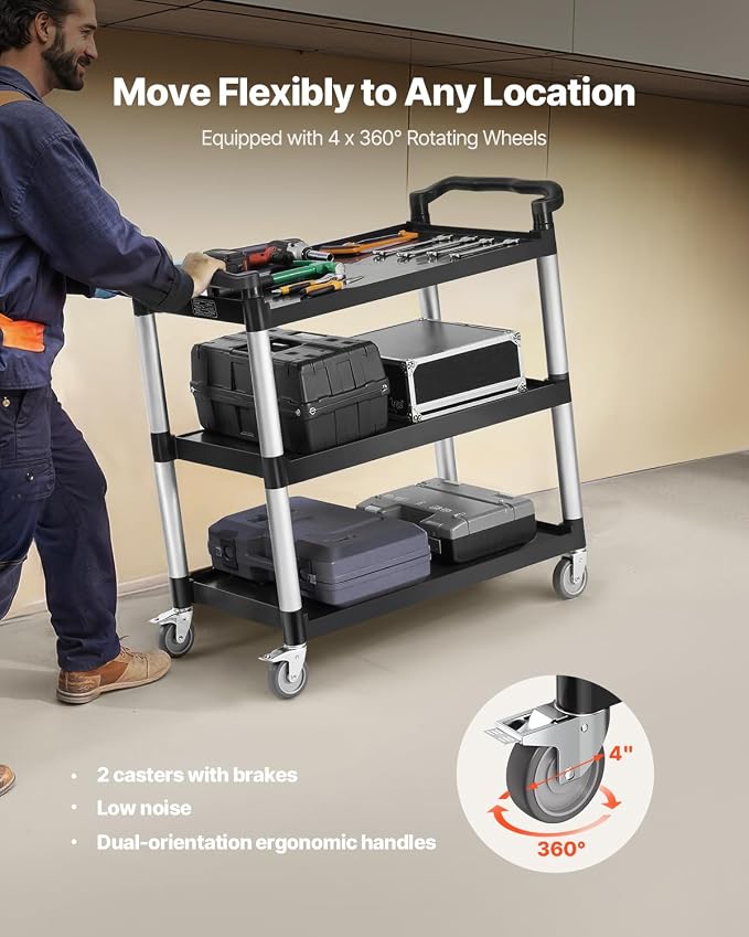 VEVOR Utility Cart, 330 lbs Load Capacity, 3-Tier Utility Plastic Cart - Image 3