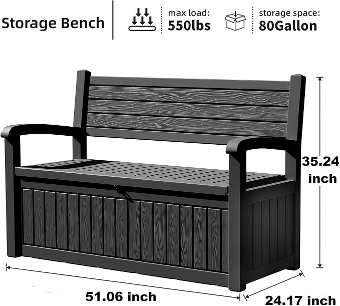 PatioZen 80 Gallon Outdoor Storage Bench Deck Box Waterproof Lockable, Outdoor - Image 2