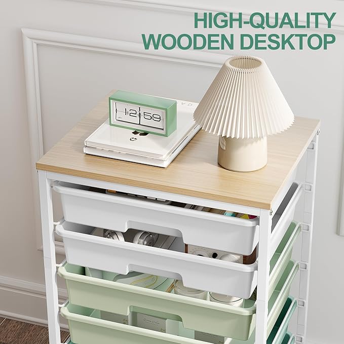 Storage Cart with 8 Drawers, Utility Cart with White Drawers and Wooden Tabletop - Image 5