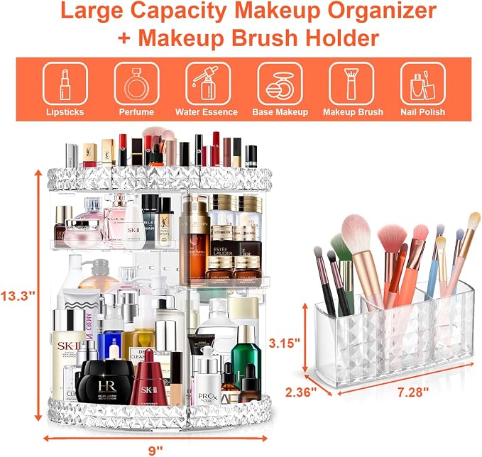 360 Rotating Makeup Organizer for Vanity + Makeup Brush Holder, Perfume - Image 5
