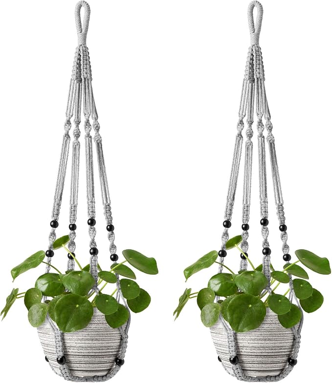 Mkono Macrame Plant Hanger Indoor 35 Inch Hanging Planter Basket Grey 2Pc | by Mkono
