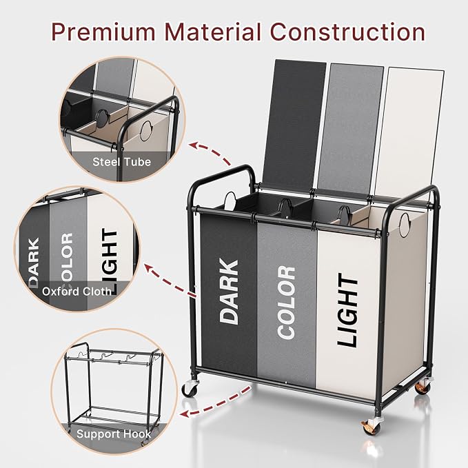 180L Laundry Sorter 3 Section – Heavy Duty Rolling Laundry Basket - Image 7