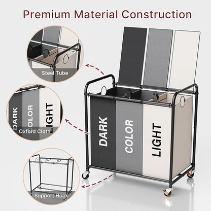 180L Laundry Sorter 3 Section – Heavy Duty Rolling Laundry Basket - Image 7