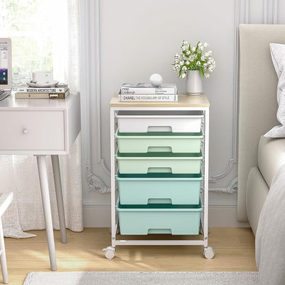 SYKIARIOL Rolling Cart with Drawers, 5 Drawers Storage Cart, Light Green | - Image 2