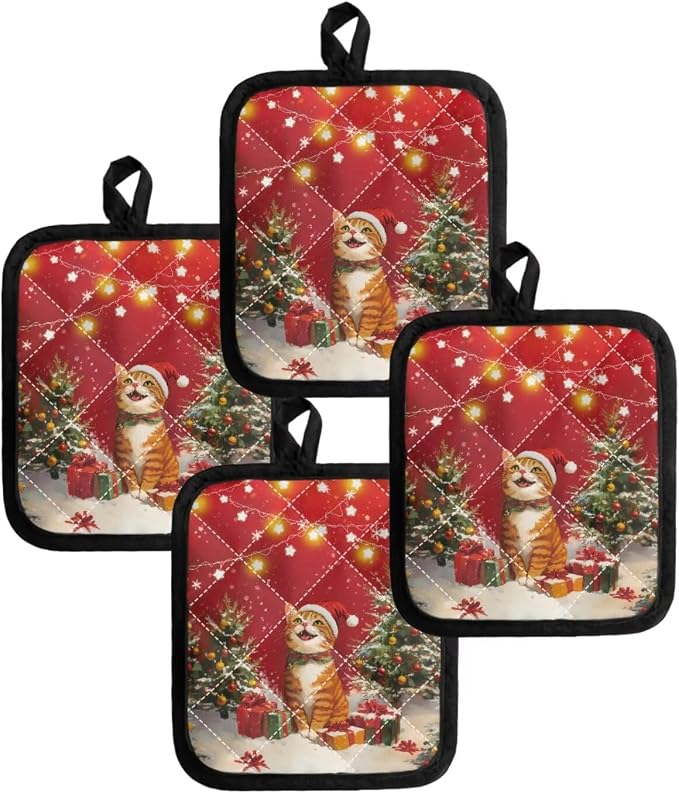 4Pcs Christmas Cute Cat Trees Stars Lights Red Kitchen Pot Holders Heat - Image 4