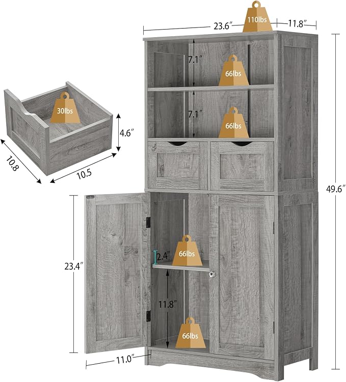 Iwell Storage Cabinet with 2 Drawers & Adjustable Shelf, Tall Bathroom Cabinet - Image 3
