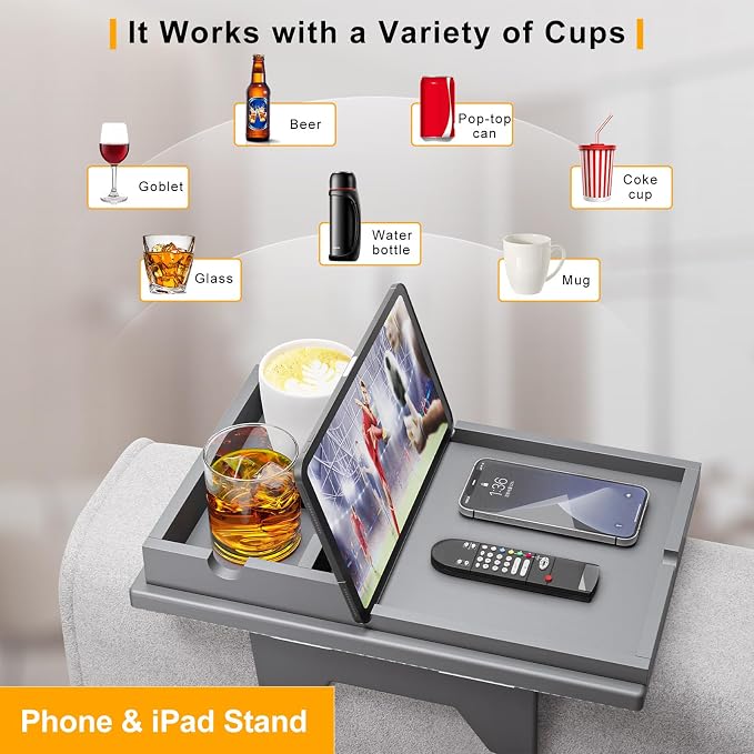Couch Cup Holder Tray - 2 in 1 Couch Armrest Table - Sofa Armchair Caddy - Image 5