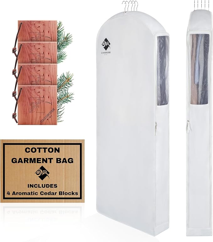 Premium 60” Cotton Garment Bag For Hanging Clothes And Storage | Wide 6” Gusset by Cashmere+Kiwi