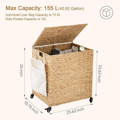 Laundry Hamper with Wheels, 40.92 Gallon Water Hyacinth Laundry Basket with Lid - Image 4