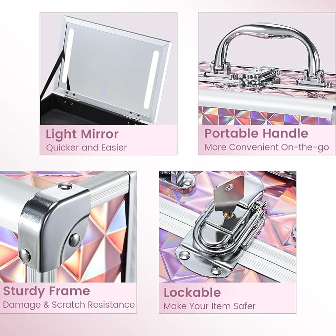 Makeup Case with Lighted Mirror Travel Makeup Organizer Box 2 Trays Lockable - Image 6