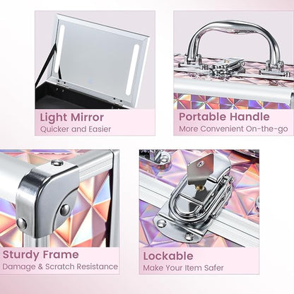Makeup Case with Lighted Mirror Travel Makeup Organizer Box 2 Trays Lockable - Image 6