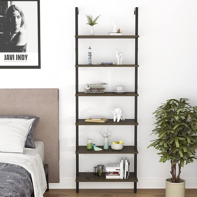 Ladder Shelf Black 6 Tiers Modern Bookshelf Room Organizer Open Tall Wall Mount - Image 8
