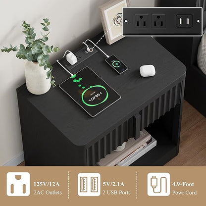 Fluted Nightstand with Charging Station, 23.6" End Table with Solid Wood Handle - Image 4