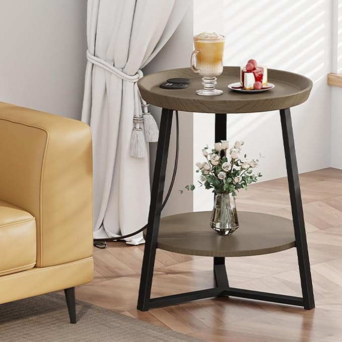 Gadroad Round End Table with Charging Station, USB Ports, Wood Tabletop & Black - Image 9