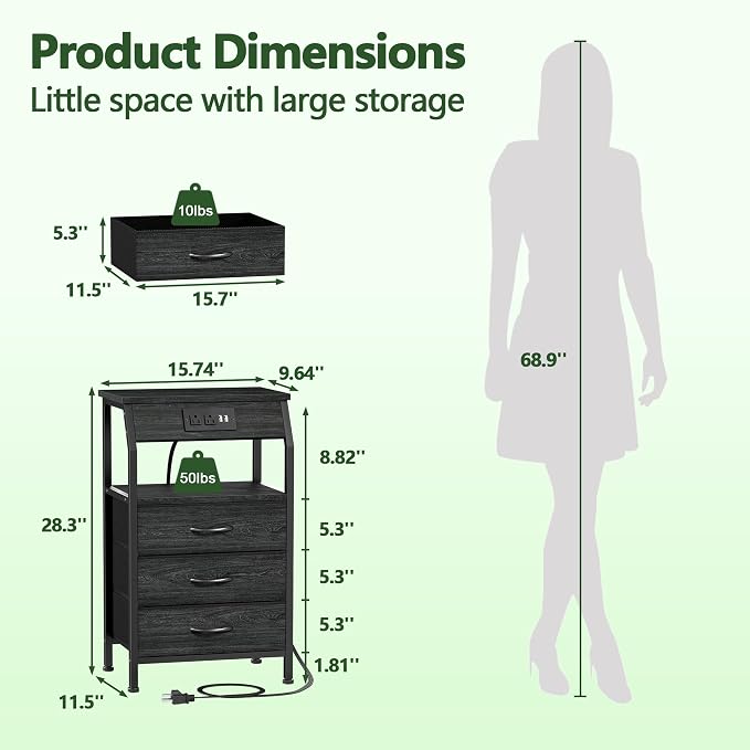 Furnulem Night Stand with Charging Station, 3 Drawers Bedside Table, Small - Image 3