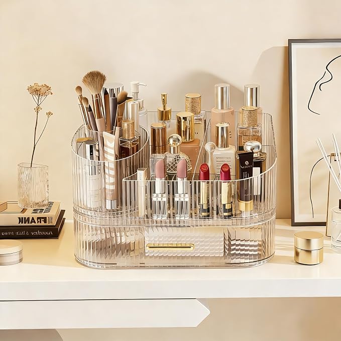 Makeup Organizer with 360° Rotating Brush Holder and Stackable Drawers - Image 2