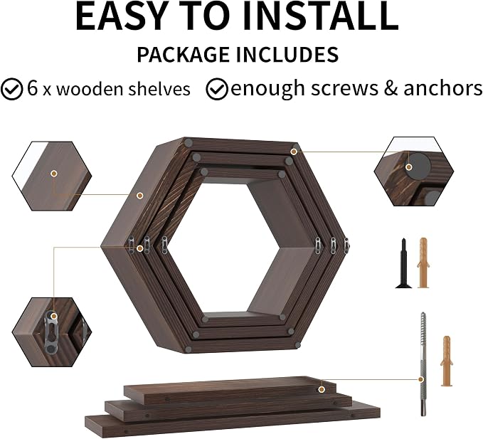 Wooden Hexagon Floating Shelves Wall Mounted, Rustic Honeycomb Shelves - Image 6