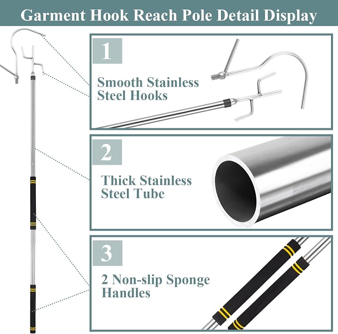Clothes Hook Pole Heavy Duty, 32 to 80In Retail Clothing Hook Pole | Extra Long - Image 4