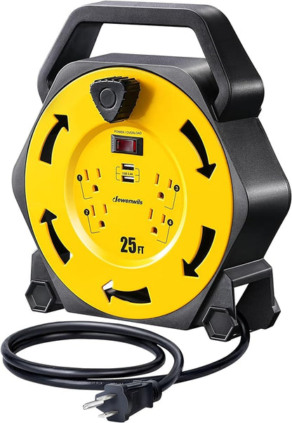 DEWENWILS Cord Reel with 4 Power Outlets, 2-USB Ports, 25FT Retractable by DEWENWILS