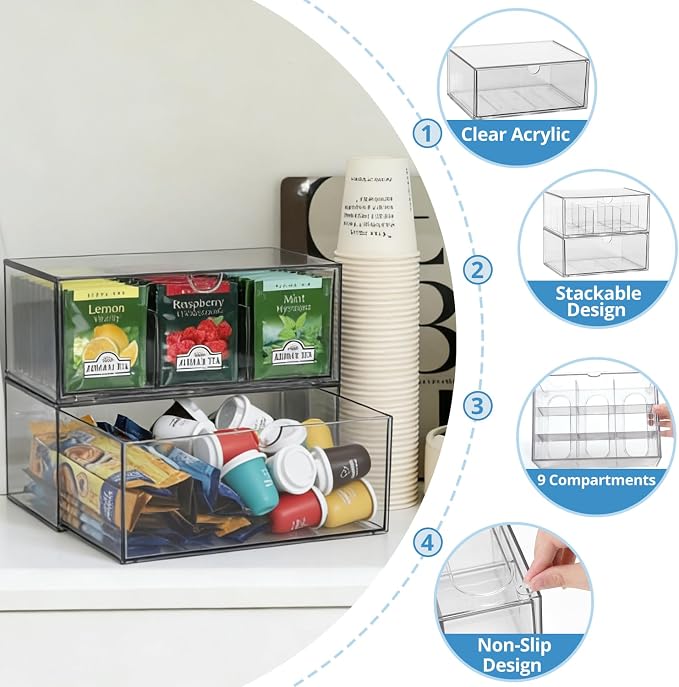 CLUQMEIK 2 Acrylic Tea and Coffee Organizer, 9 Grids Tea Bag Organizer Box and - Image 4