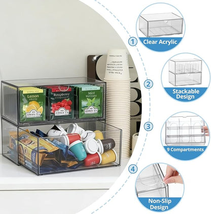 CLUQMEIK 2 Acrylic Tea and Coffee Organizer, 9 Grids Tea Bag Organizer Box and - Image 4