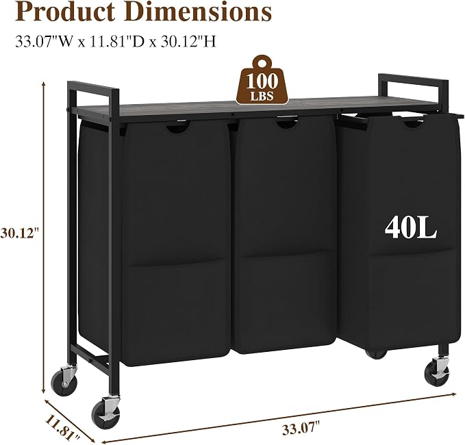 3-Section Laundry Hamper with Shelf, Pull-Out Removable 12.8 gal Bags, Metal - Image 7