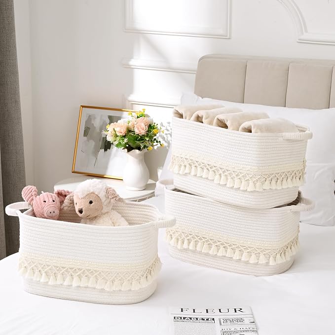 2 Pack Storage Basket for Shelves, Boho Cotton Rope Storage Bins - Image 2