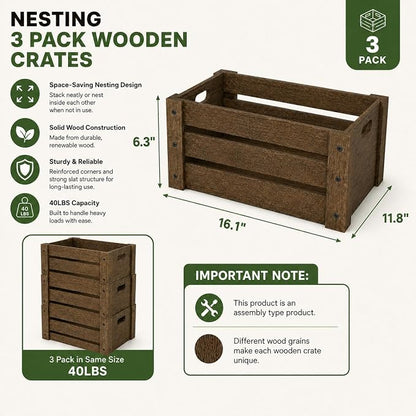 3 Pack Wooden Crates for Display Rustic Handmade Wood Crate for Storage | - Image 2