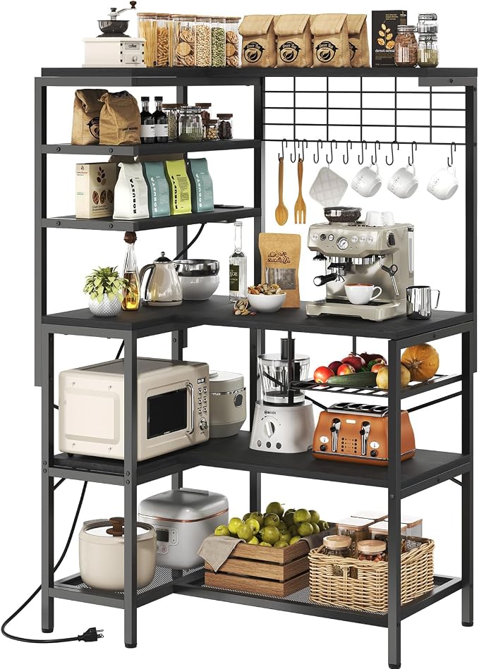 L-Shaped Bakers Rack with Power Outlet, 6-Tier Microwave Stand with Open Storage by WelcometoIABIFO