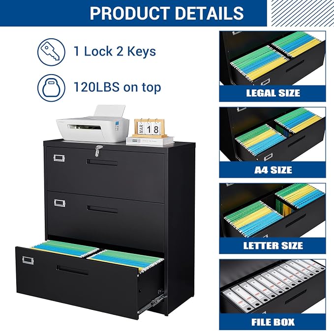Lateral File Cabinet with Lock, 3 Drawer Large Metal Filing Cabinet, Home - Image 5