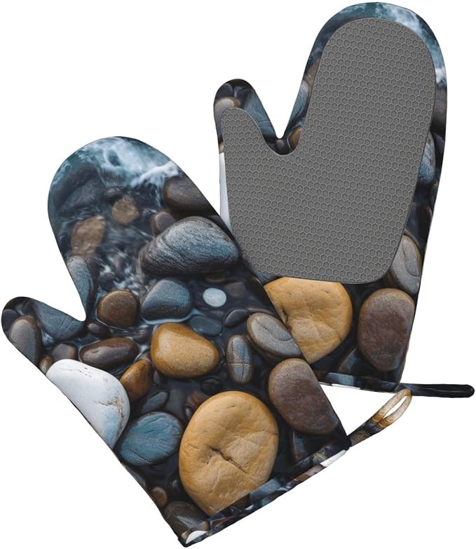 Sea Stones Print Oven Mitts Set of 2, Heat Resistant Silicone Oven Mittens - Image 3