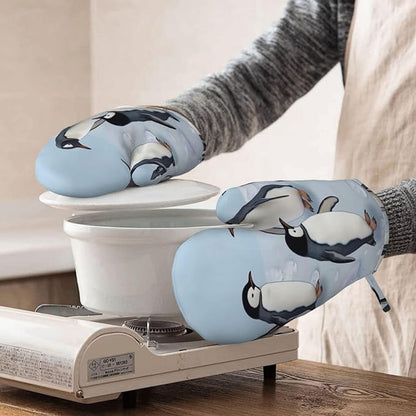 Cute Penguins Print Oven Mitts Set of 2, Heat Resistant Silicone Oven Mittens - Image 8