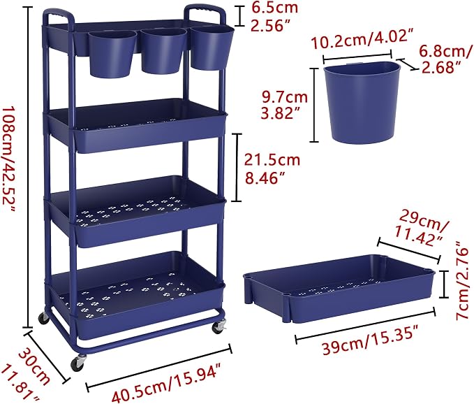JIUYOTREE 4-Tier Plastic Rolling Storage Cart Utility Cart - Image 2