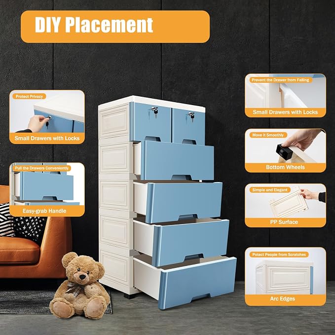5-Layers Plastic Dresser with 6 Drawers Movable Chest of Drawers Locked Storage - Image 5
