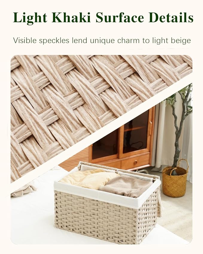 SETVSON Storage Basket with Lid, PE Rattan Storage Bin Light Khaki | Decorative - Image 3