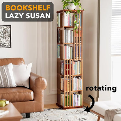 SpaceAid 6 Tier Rotating Bookshelf Tower, Bamboo Spinning Book Shelf, Revolving - Image 4